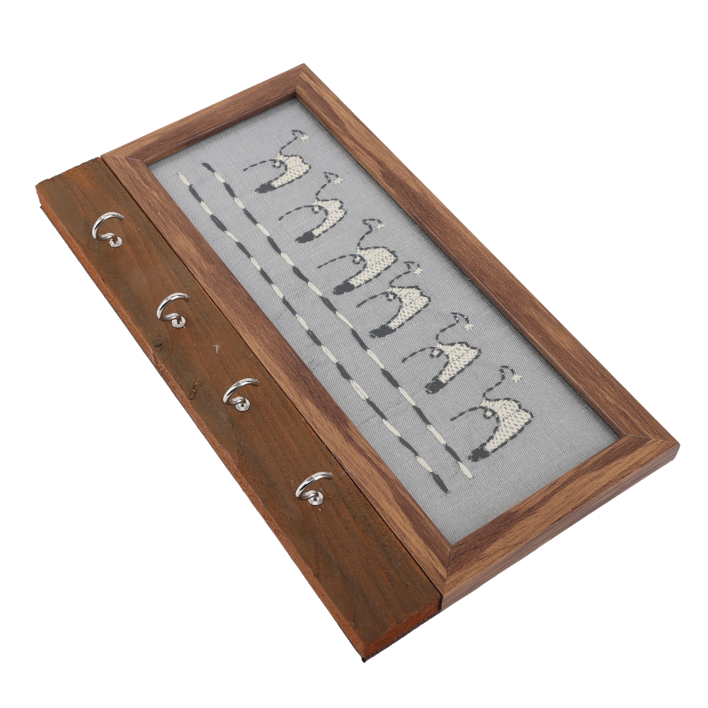 Indha Handcrafted Grey Dupion Silk Key Holder | Hand Embroidered Camel Design | Chain Stitch & Kantha Work | Pine Wood Wall Mounted Key Rack