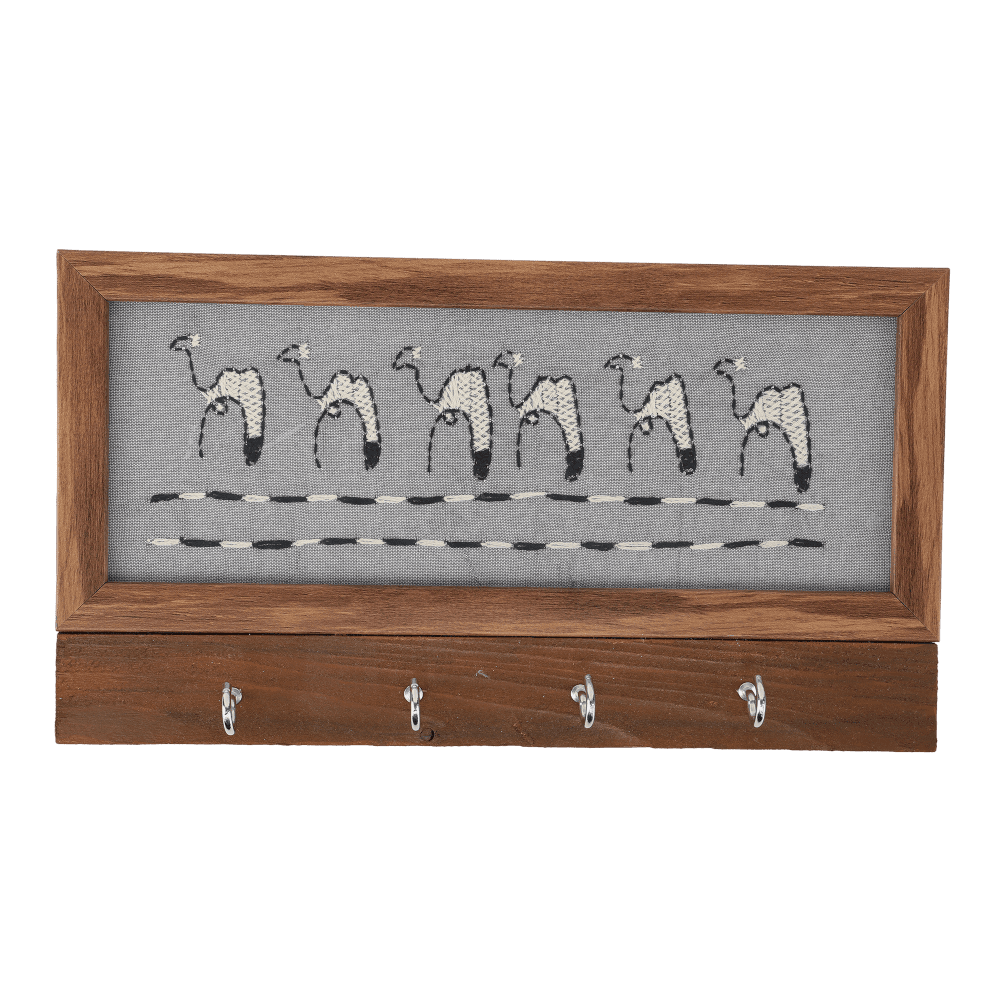 Indha Handcrafted Grey Dupion Silk Key Holder | Hand Embroidered Camel Design | Chain Stitch & Kantha Work | Pine Wood Wall Mounted Key Rack