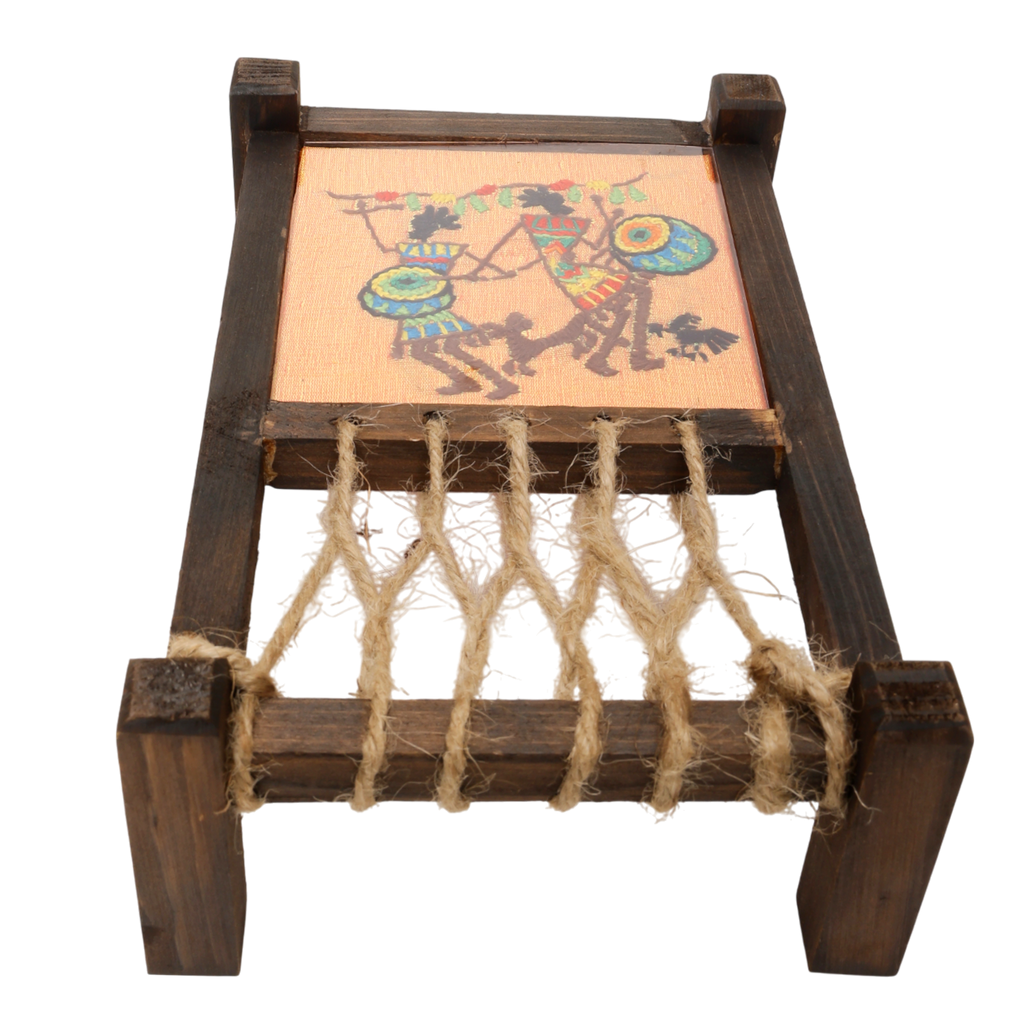 Indha Mini Khaat (Charpai) Coaster – Designer Wooden Table Décor | Hand Embroidery on Orange Dupion Silk | Quirky Gift for Dining & Living Room|festive gifting