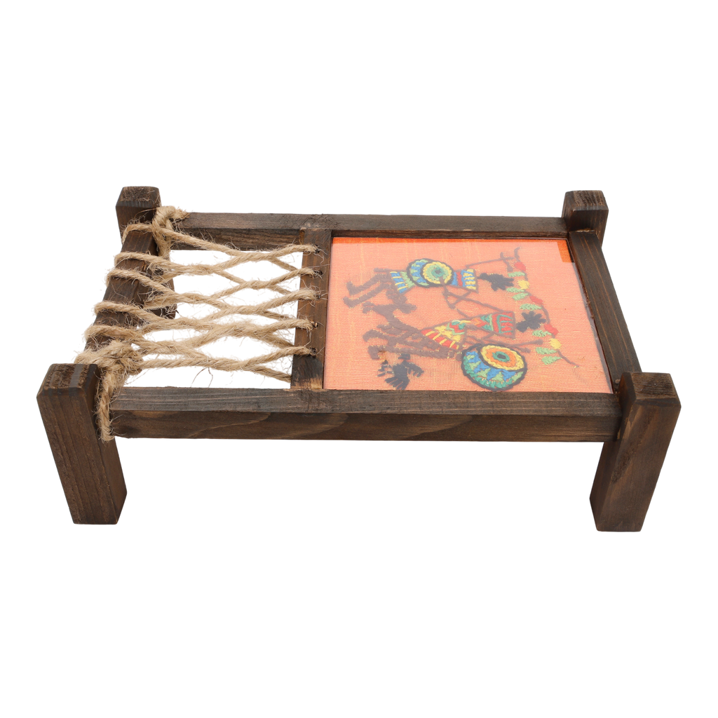 Indha Mini Khaat (Charpai) Coaster – Designer Wooden Table Décor | Hand Embroidery on Orange Dupion Silk | Quirky Gift for Dining & Living Room|festive gifting