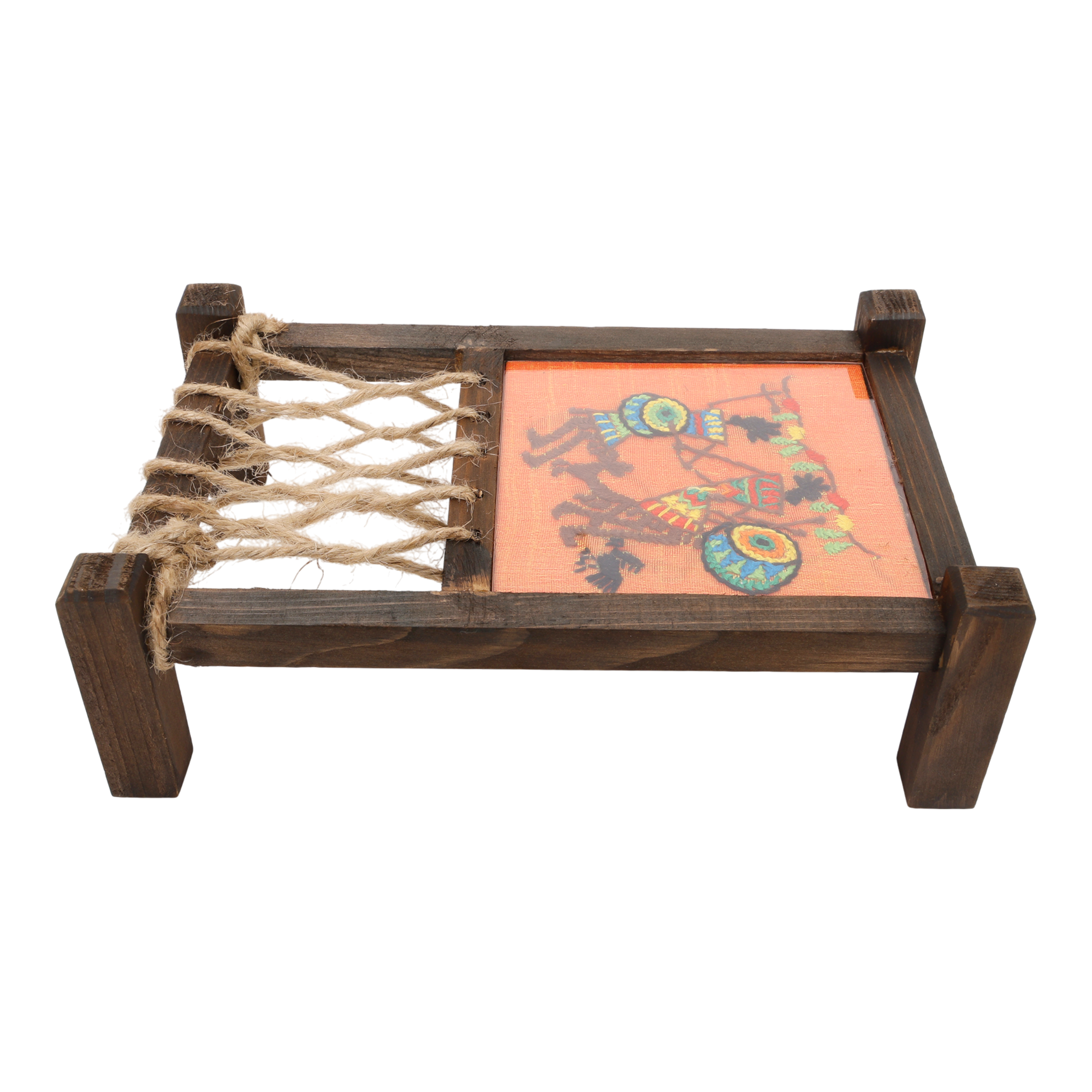 Indha Mini Khaat (Charpai) Coaster – Designer Wooden Table Décor | Hand Embroidery on Orange Dupion Silk | Quirky Gift for Dining & Living Room|festive gifting