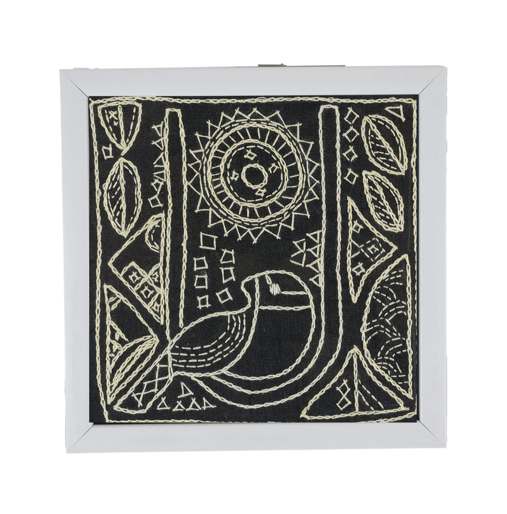 INDHA Bird Design Chain Stitch Hand Embroidered On Black Dupion Silk Wooden Table Decor | Set Of 2 Glass Coaster | Hand Embroidered Utility Décor | Home Utility | Gifting | Corporate Gifting | Handcrafted Décor |Dining Utility | Kitchen &amp; Dining
