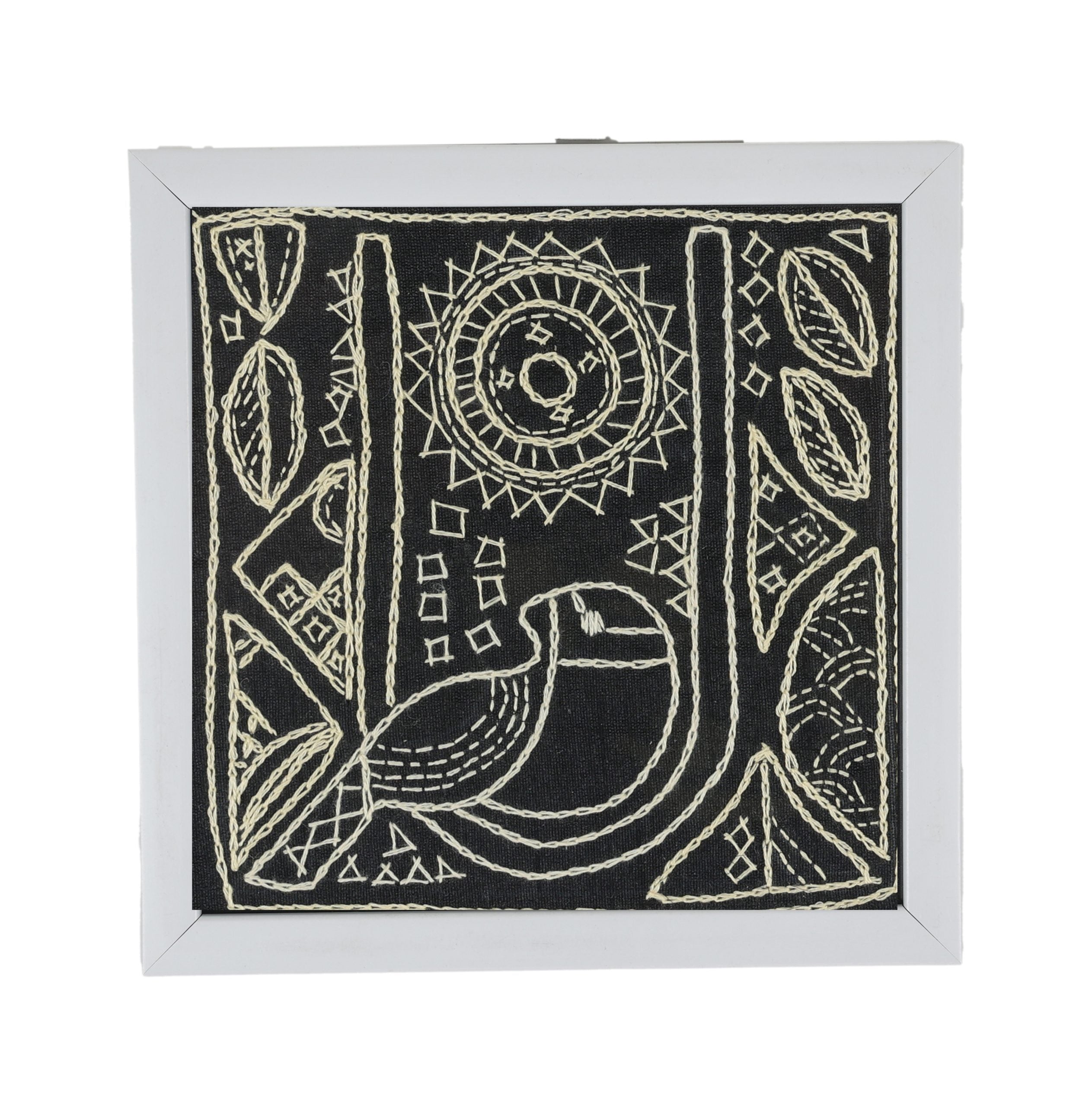INDHA Bird Design Chain Stitch Hand Embroidered On Black Dupion Silk Wooden Table Decor | Set Of 2 Glass Coaster | Hand Embroidered Utility Décor | Home Utility | Gifting | Corporate Gifting | Handcrafted Décor |Dining Utility | Kitchen &amp; Dining