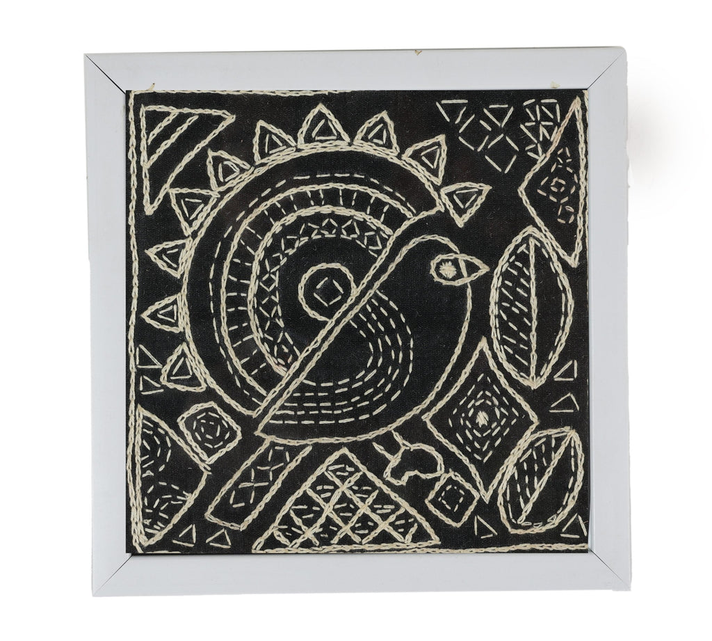 INDHA Bird Design Chain Stitch Hand Embroidered On Black Dupion Silk Wooden Table Decor | Set Of 2 Glass Coaster | Hand Embroidered Utility Décor | Home Utility | Gifting | Corporate Gifting | Handcrafted Décor |Dining Utility | Kitchen &amp; Dining