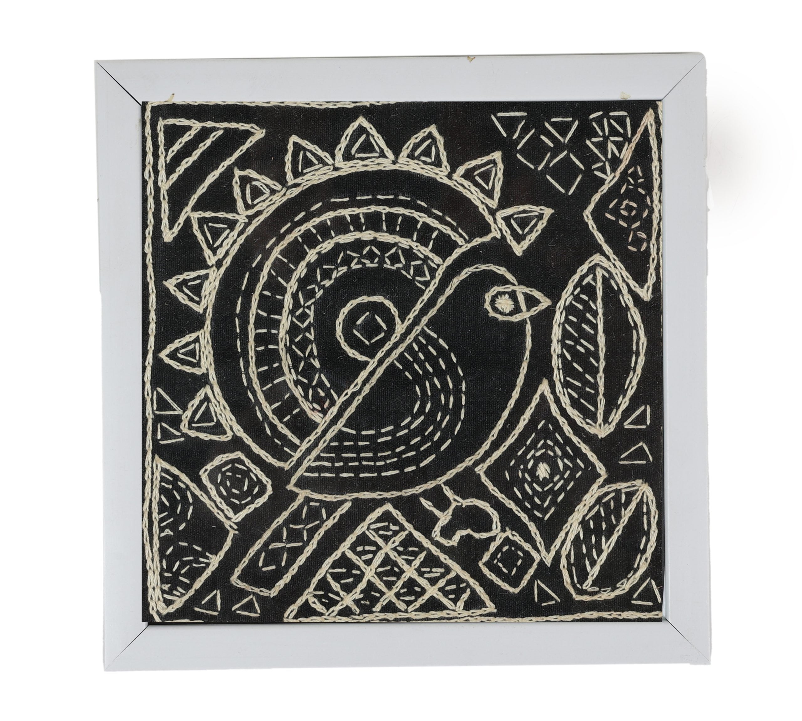 INDHA Bird Design Chain Stitch Hand Embroidered On Black Dupion Silk Wooden Table Decor | Set Of 2 Glass Coaster | Hand Embroidered Utility Décor | Home Utility | Gifting | Corporate Gifting | Handcrafted Décor |Dining Utility | Kitchen &amp; Dining