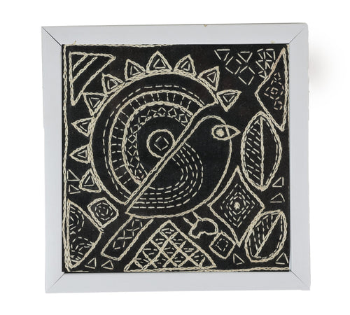 INDHA Bird Design Chain Stitch Hand Embroidered On Black Dupion Silk Wooden Table Decor | Set Of 2 Glass Coaster | Hand Embroidered Utility Décor | Home Utility | Gifting | Corporate Gifting | Handcrafted Décor |Dining Utility | Kitchen &amp; Dining