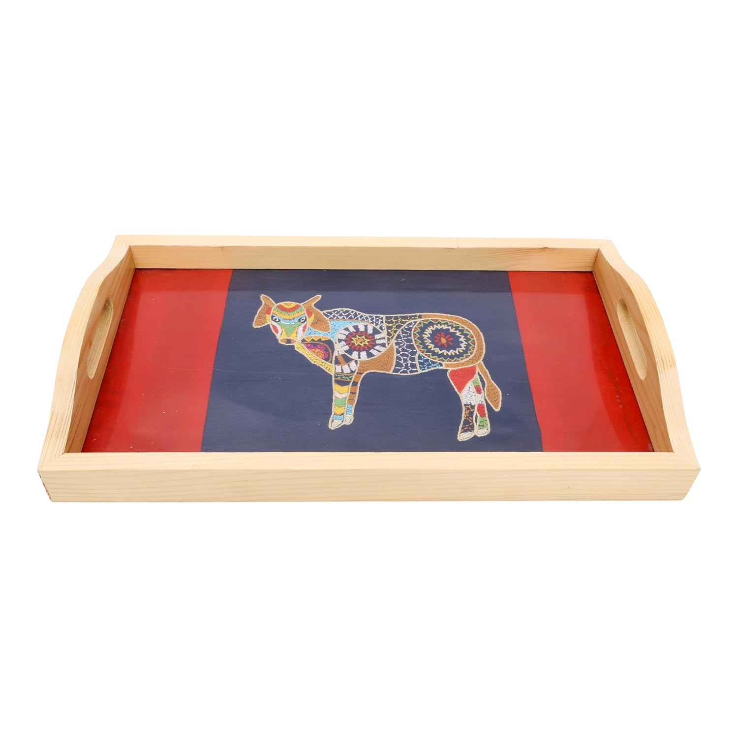 INDHA Pine Wood Serving Tray with Hand-Embroidered Indian Cow Motif | Dupion Silk Decorative Tray | Handmade Coffee Table Tray | Dining Table Utility | Unique Ethnic Gift