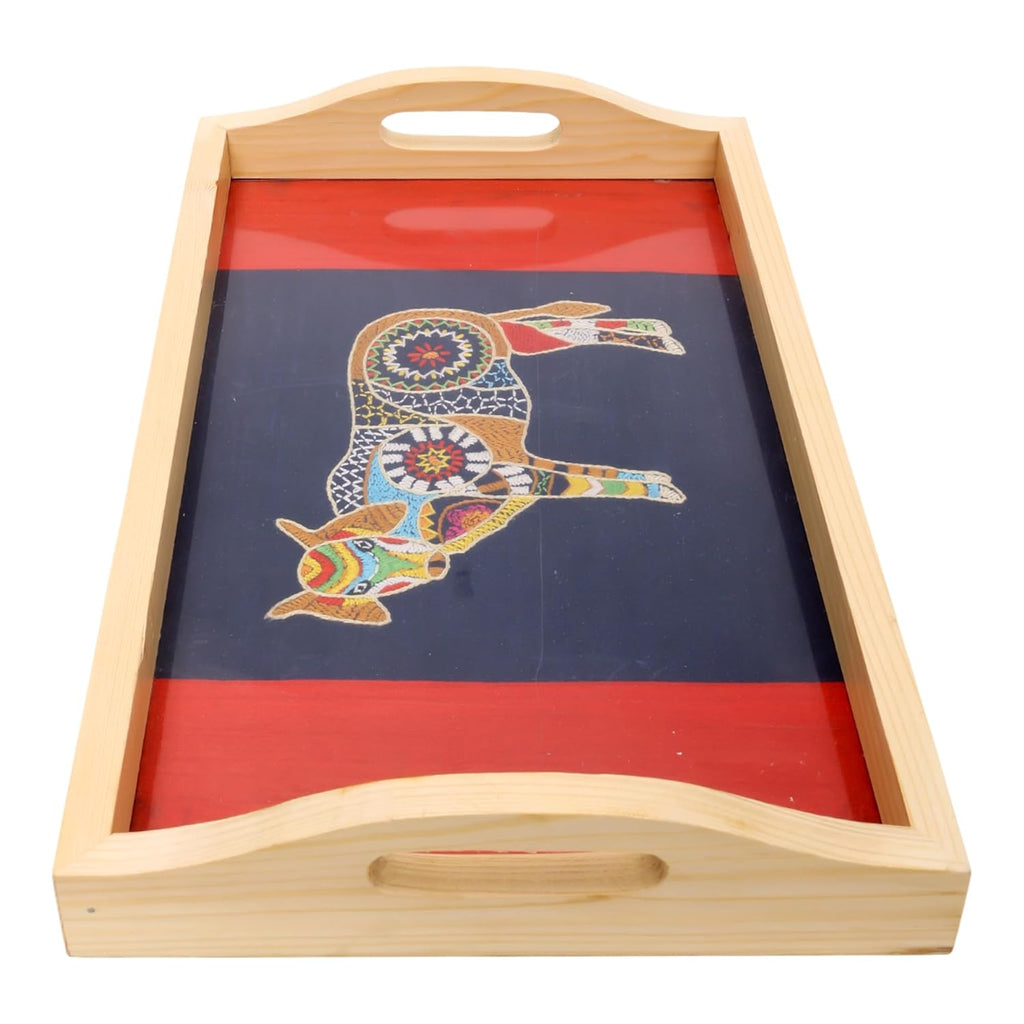 INDHA Pine Wood Serving Tray with Hand-Embroidered Indian Cow Motif | Dupion Silk Decorative Tray | Handmade Coffee Table Tray | Dining Table Utility | Unique Ethnic Gift