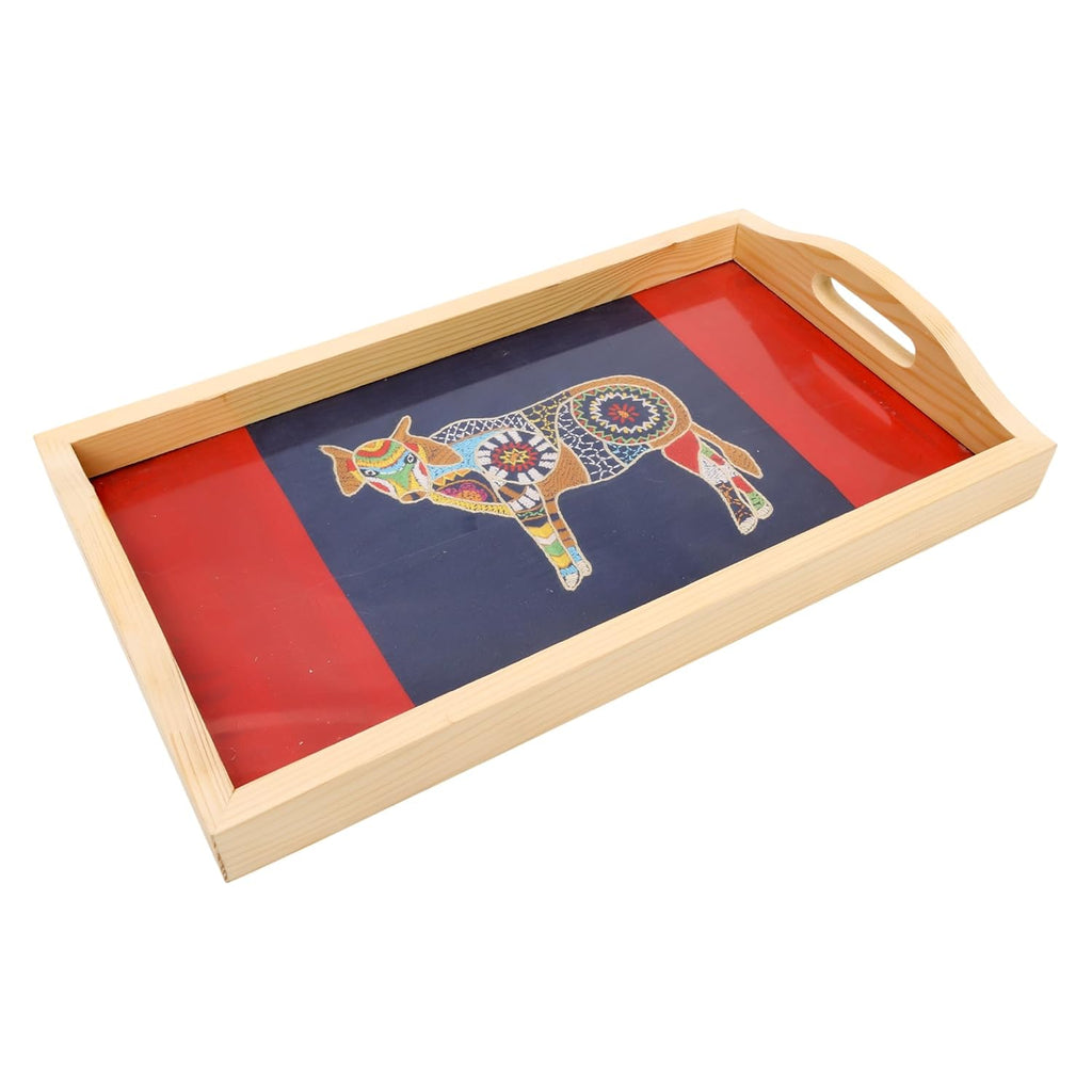 INDHA Pine Wood Serving Tray with Hand-Embroidered Indian Cow Motif | Dupion Silk Decorative Tray | Handmade Coffee Table Tray | Dining Table Utility | Unique Ethnic Gift