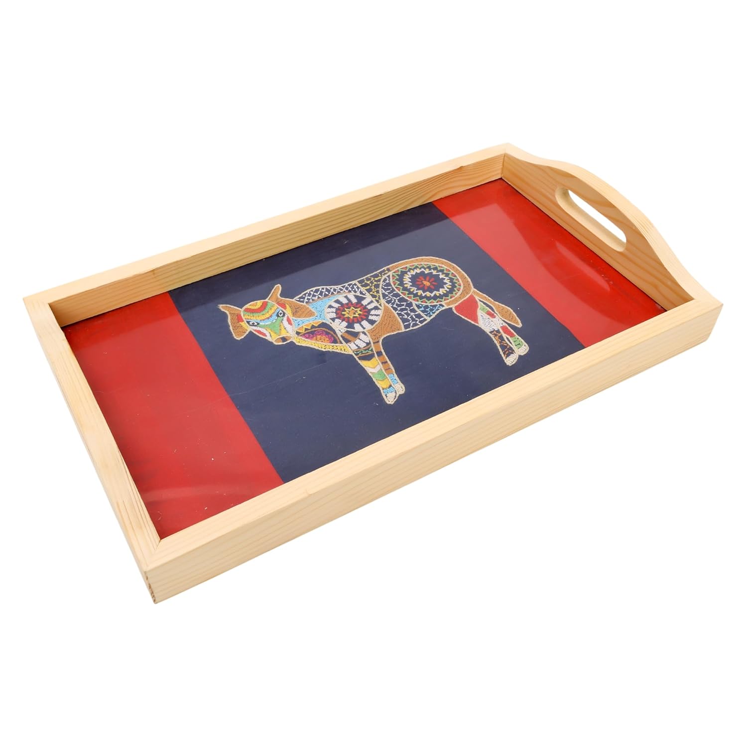 INDHA Pine Wood Serving Tray with Hand-Embroidered Indian Cow Motif | Dupion Silk Decorative Tray | Handmade Coffee Table Tray | Dining Table Utility | Unique Ethnic Gift