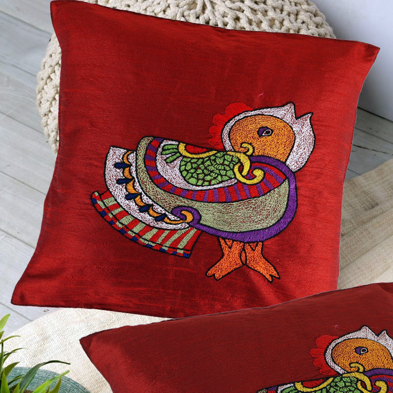 Indha Multicolor Robin-Bird Cushion Cover |Hand Embroidered |Maroon And Green Dupion Silk 16.0X16.0 Inches Cushion Cover |Festival Gift |Ethnic Indian Home Furnishing | Corporate Gifting