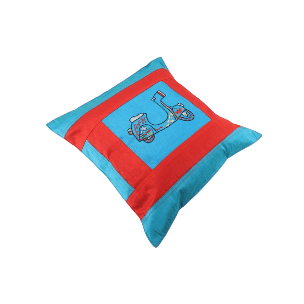 Indha Hand Embroidered Cushion Cover Scooter Embroidery | Dupion Silk Cushion Cover |  Corporate Gifting | Home Furnishing | Home Improvement | Home Decor | Set of 2,16x16 Inches Cushion Cover