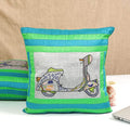 Indha Embroidered Cushion Cover - Unique Sea Green &amp; Blue Design with Lambretta Scooter | 16.0 X 16.0 Inch Cushion Cover Set of 2 | Corporate Gifting | Home Decor | Throw cushion cover | Home Furnishing