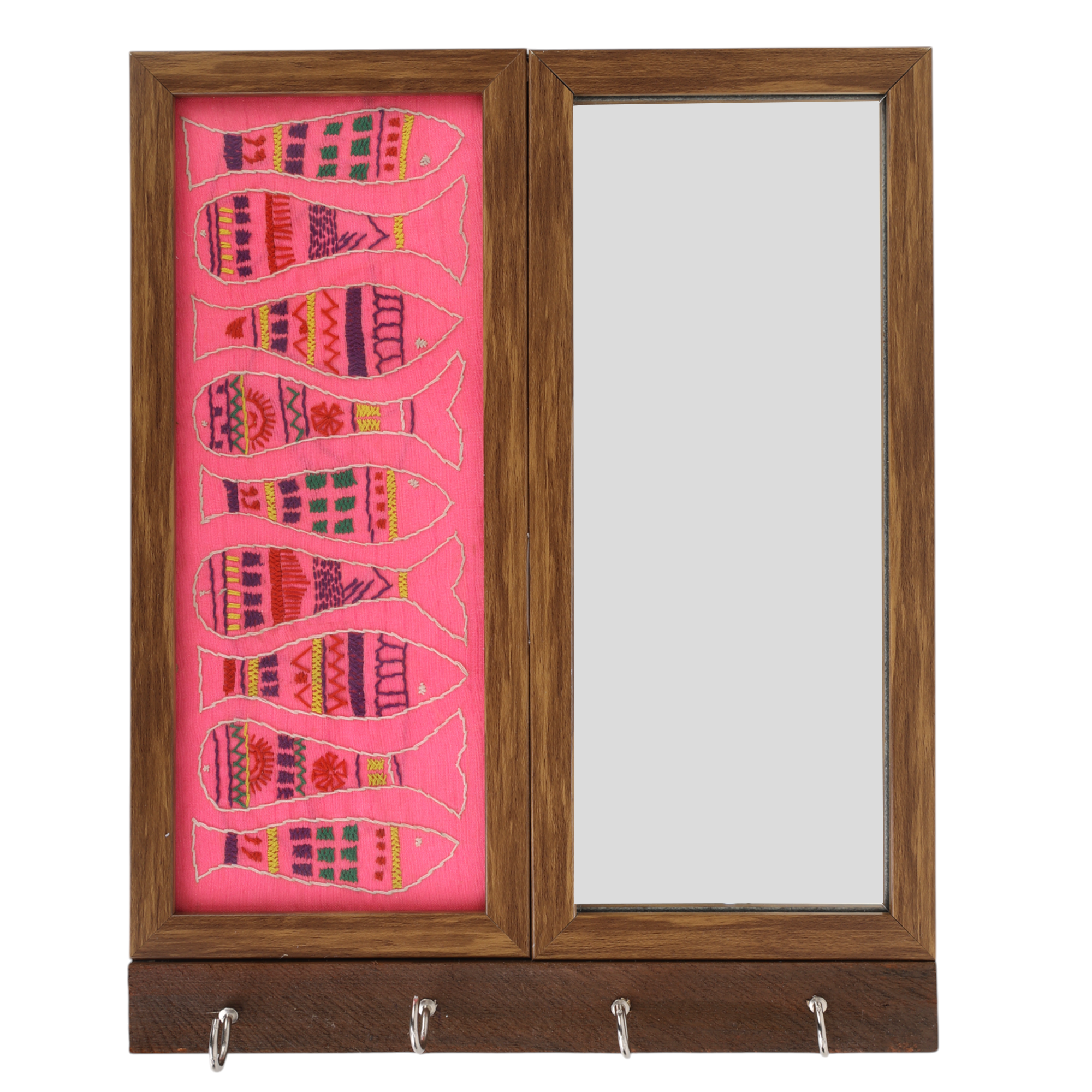 Indha Fish Embroidered Key Holder with Mirror | 4-Hook Wall Organizer in Repurposed Wood | Handcrafted Home Decor | Feng Shui-Inspired Entryway Accent