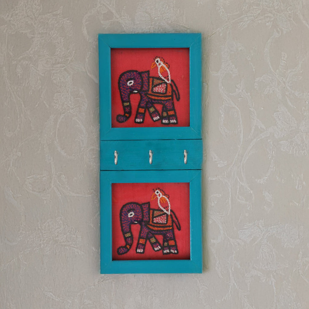Indha Hand-Embroidered 3-Hook Key Holder | Elephant Motif Wall Art | Crafted with Repurposed Wood | Functional &amp; Artistic Home Accent