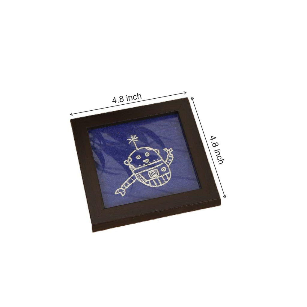 INDHA Doodle Robot Chain Stitch Hand Embroidery| Navy Blue Silk Wooden Glass Coaster Set | Set Of 2 Glass Coaster | Hand Embroidered Utility Décor | Home Utility | Gifting | Corporate Gifting | Handcrafted Décor |Dining Utility | Kitchen &amp; Dining