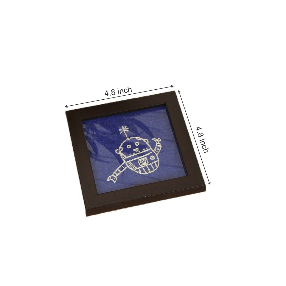 INDHA Doodle Robot Chain Stitch Hand Embroidery| Navy Blue Silk Wooden Glass Coaster Set | Set Of 2 Glass Coaster | Hand Embroidered Utility Décor | Home Utility | Gifting | Corporate Gifting | Handcrafted Décor |Dining Utility | Kitchen &amp; Dining