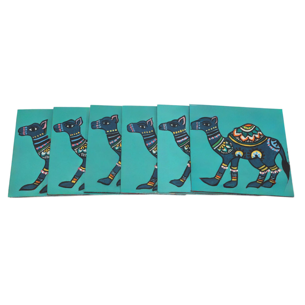 Indha Hand-Painted Repurposed Wood Coaster Set – Camel Print (Set of 6)