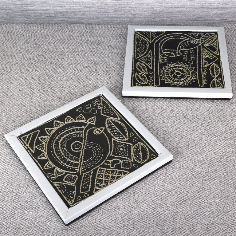 INDHA Bird Design Chain Stitch Hand Embroidered On Black Dupion Silk Wooden Table Decor | Set Of 2 Glass Coaster | Hand Embroidered Utility Décor | Home Utility | Gifting | Corporate Gifting | Handcrafted Décor |Dining Utility | Kitchen &amp; Dining