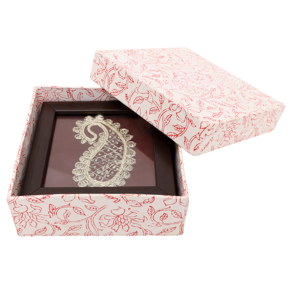 INDHA Hand-Embroidered Ambiya (Paisley) Wooden Glass Coaster Set of 2 with Silver Thread Work | Festive & Corporate Gift