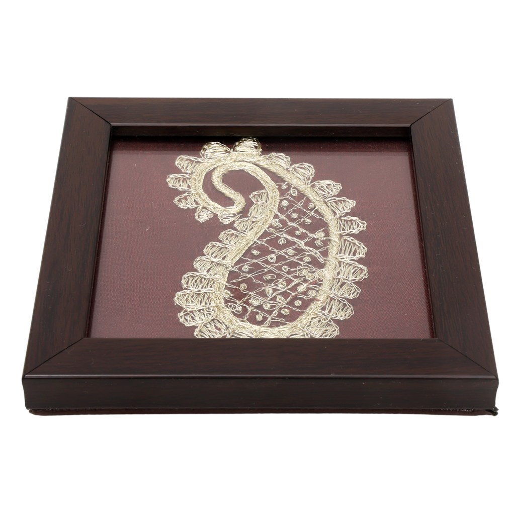 INDHA Hand-Embroidered Ambiya (Paisley) Wooden Glass Coaster Set of 2 with Silver Thread Work | Festive & Corporate Gift