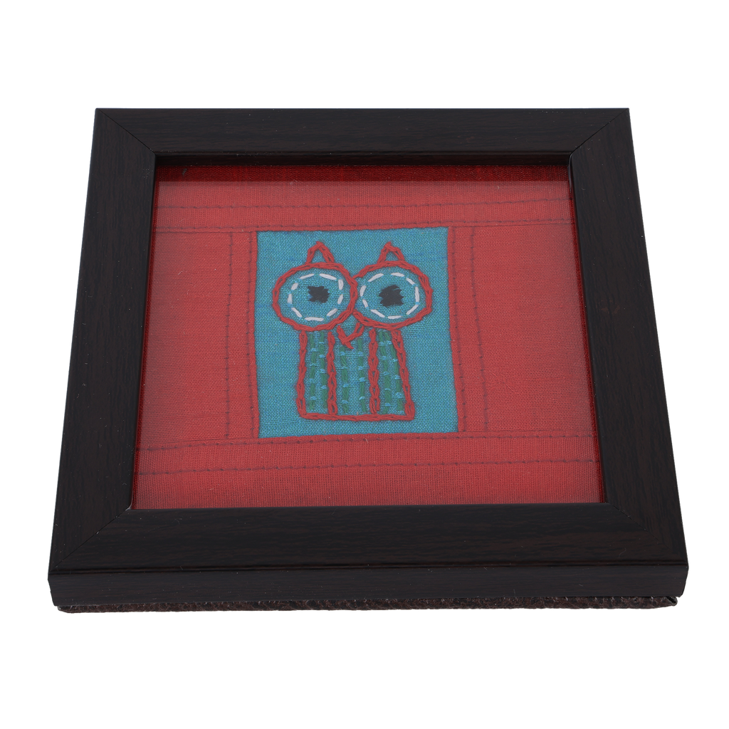 INDHA Owl Design Chain Stitch Hand-Embroidered Sky Blue Dupion Silk Wooden Glass Coaster Set of 2 | Water Glass Coaster & Utility Décor Gift