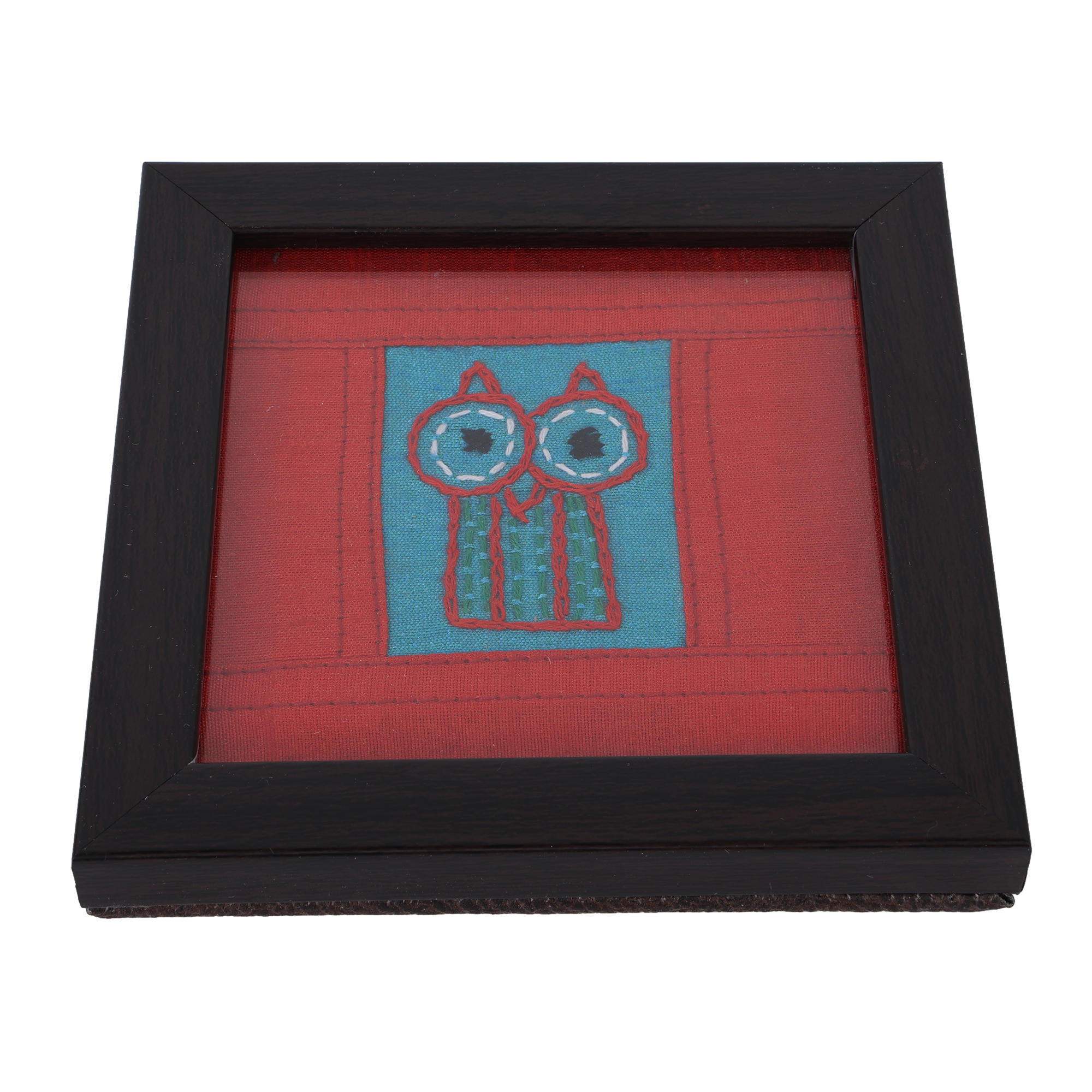 INDHA Owl Design Chain Stitch Hand-Embroidered Sky Blue Dupion Silk Wooden Glass Coaster Set of 2 | Water Glass Coaster & Utility Décor Gift