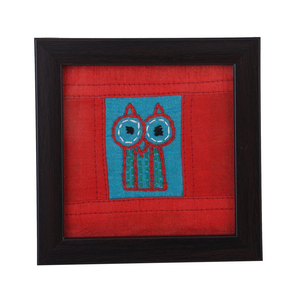 INDHA Owl Design Chain Stitch Hand-Embroidered Sky Blue Dupion Silk Wooden Glass Coaster Set of 2 | Water Glass Coaster & Utility Décor Gift