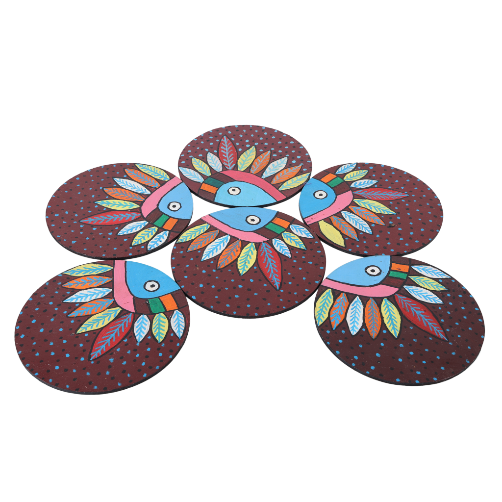 Indha Handcrafted Coasters | Handpainted Coasters | Set Of 6 Coasters | Multicolor Feather Design Coaster | Eco-Friendly | Gifting | Corporate Gifting