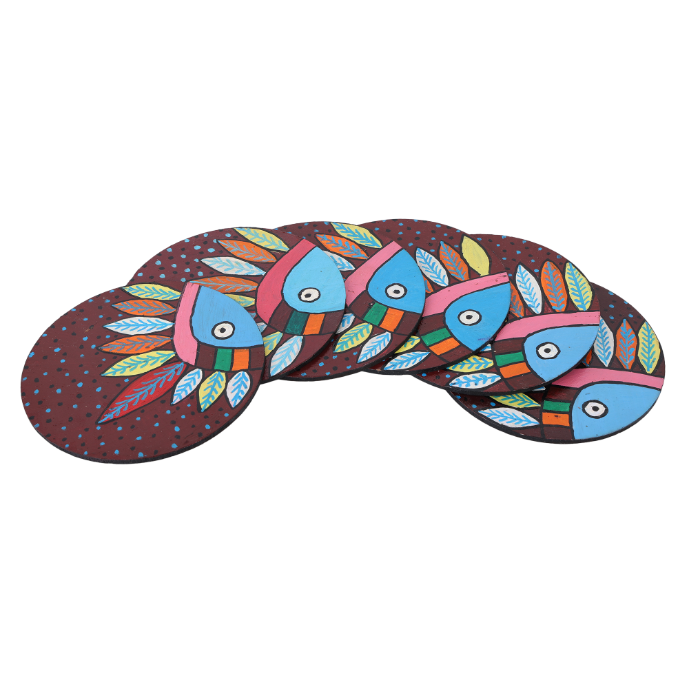 Indha Handcrafted Coasters | Handpainted Coasters | Set Of 6 Coasters | Multicolor Feather Design Coaster | Eco-Friendly | Gifting | Corporate Gifting