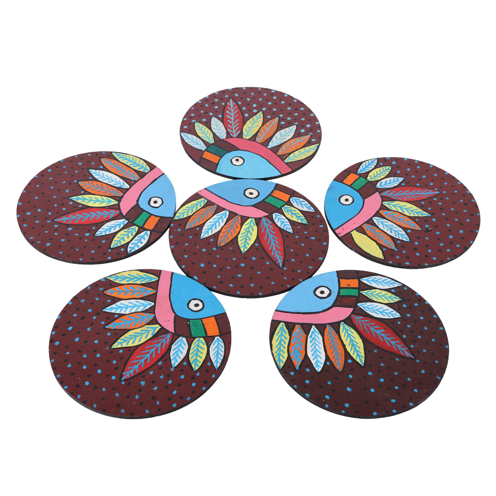 Indha Handcrafted Coasters | Handpainted Coasters | Set Of 6 Coasters | Multicolor Feather Design Coaster | Eco-Friendly | Gifting | Corporate Gifting