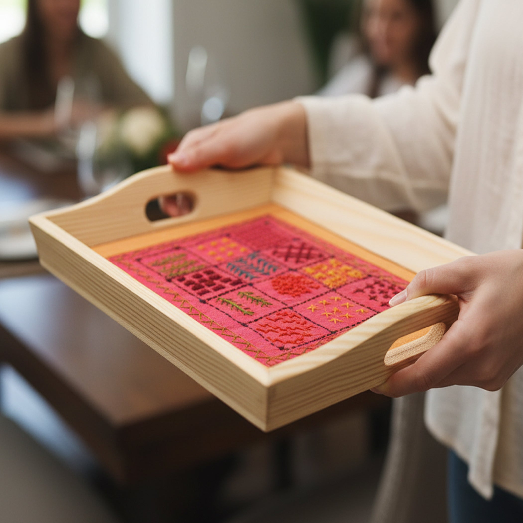 Indha Hand Embroidered Patchwork Motif Tray | Dupion Silk Pine Wood Wooden Serving & Decorative Tray