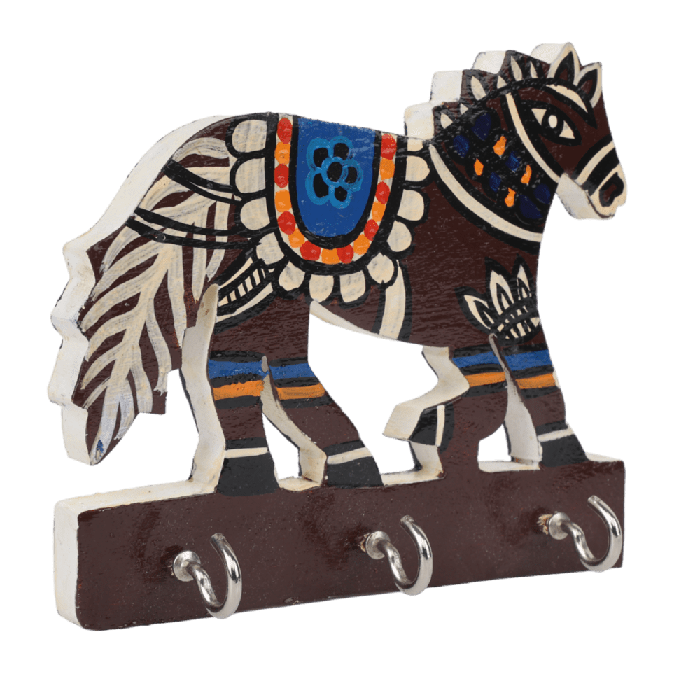 Indha Wooden Wall Mounted Key Holder Handcrafted | Horse Design Key Holder | Hand Painted Multicolor Key Hanger for Home | Unique Gift for Horse Lovers Indha