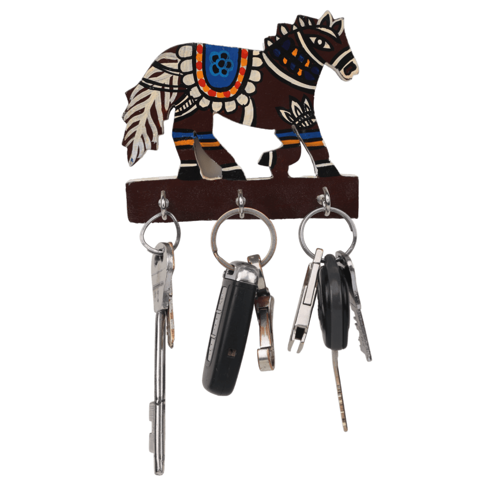 Indha Wooden Wall Mounted Key Holder Handcrafted | Horse Design Key Holder | Hand Painted Multicolor Key Hanger for Home | Unique Gift for Horse Lovers Indha