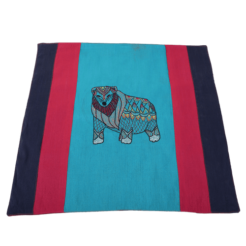 INDHA Cushion Cover | Blue, Pink, and Navy Blue Dupion Silk Cushion Cover | Hand Embroidered Chain Stitch and Kantha Work Multicolor Jungle-Bear Design | Hand Embroidered Cushion Cover |