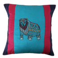 INDHA Cushion Cover | Blue, Pink, and Navy Blue Dupion Silk Cushion Cover | Hand Embroidered Chain Stitch and Kantha Work Multicolor Jungle-Bear Design | Hand Embroidered Cushion Cover |