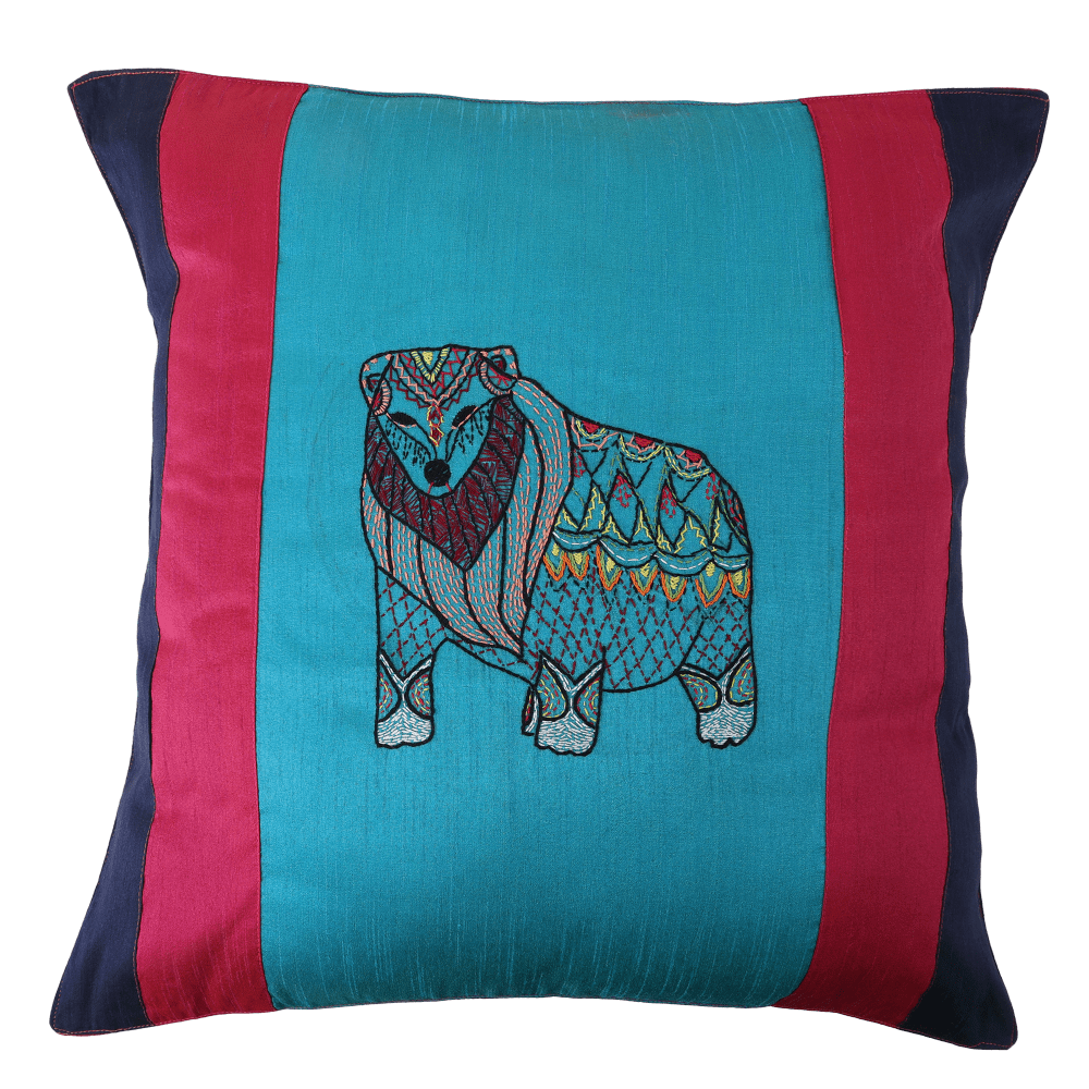 INDHA Cushion Cover | Blue, Pink, and Navy Blue Dupion Silk Cushion Cover | Hand Embroidered Chain Stitch and Kantha Work Multicolor Jungle-Bear Design | Hand Embroidered Cushion Cover |