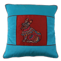 INDHA Cushion Cover | Sky Blue And Maroon Dupion Silk Cushion Cover | Hand Embroidered Chain Stitch And Kantha Work Multicolor Rabbit Design | Hand Embroidered Cushion Cover