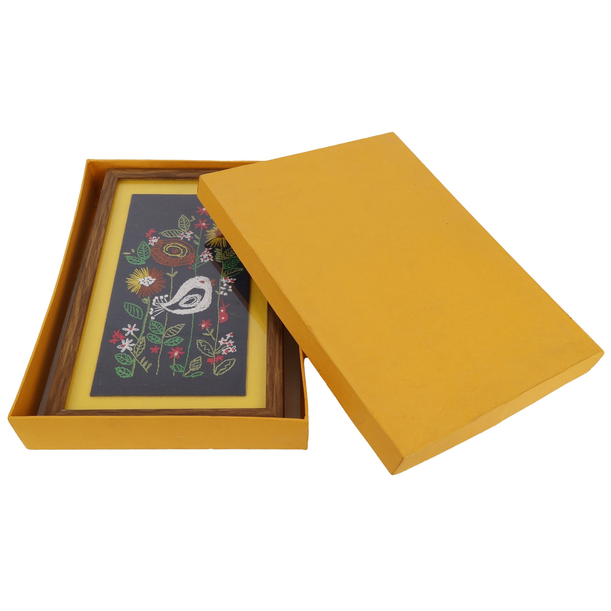 Indha Hand-Crafted Wall Décor Set of 2 – Floral & Bird Hand Embroidery | Wooden Border | PremiumVegan Leather Back Finish