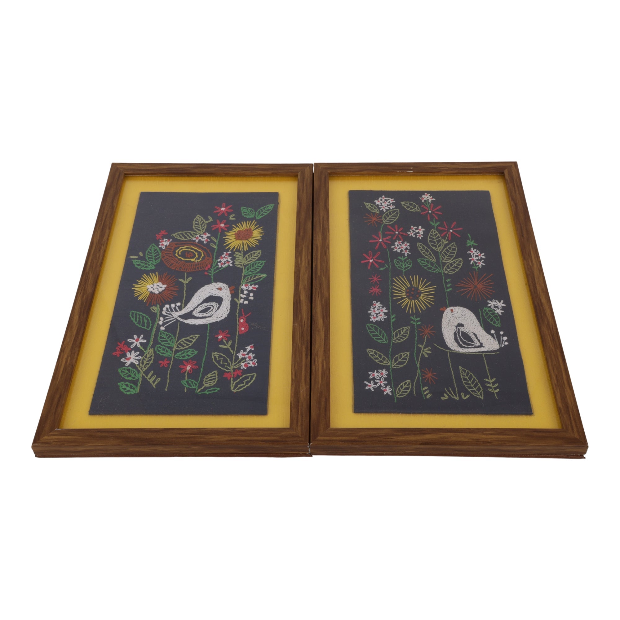 Indha Hand-Crafted Wall Décor Set of 2 – Floral & Bird Hand Embroidery | Wooden Border | PremiumVegan Leather Back Finish