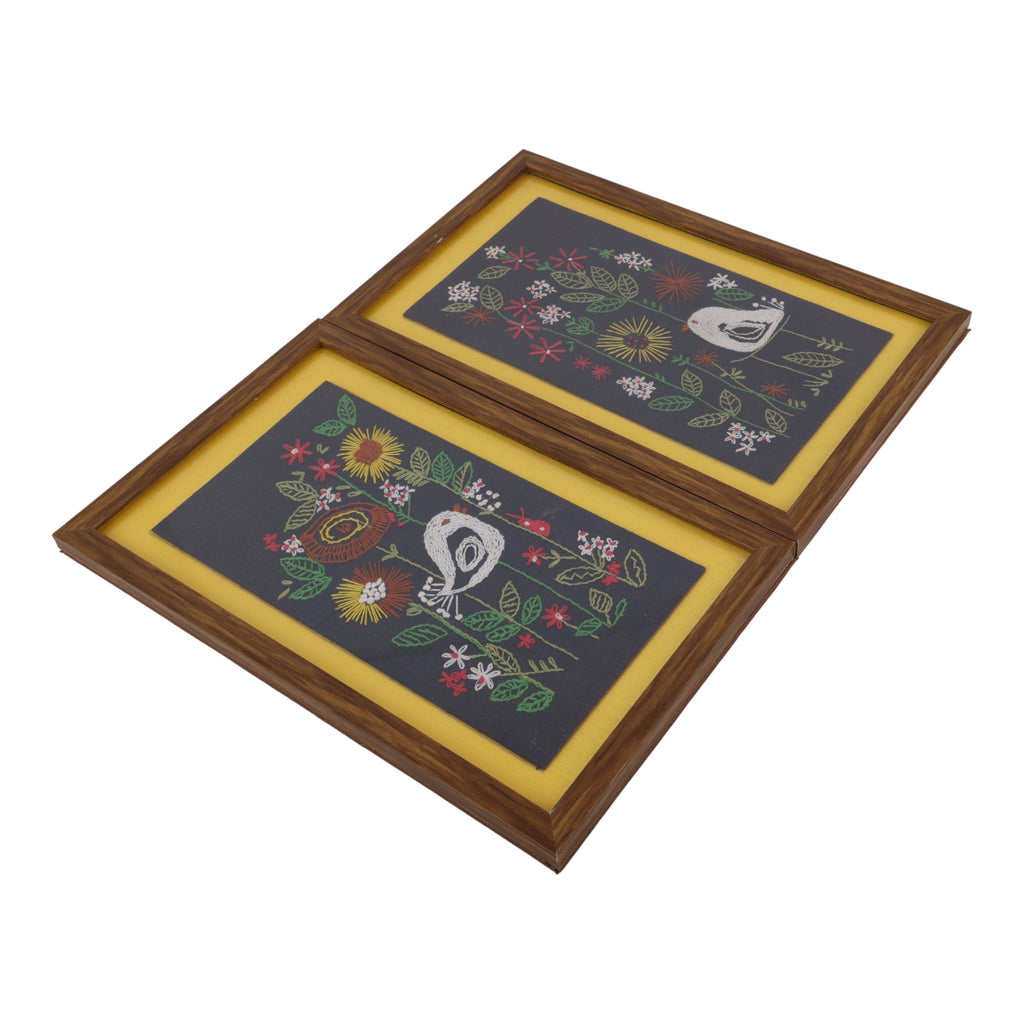 Indha Hand-Crafted Wall Décor Set of 2 – Floral & Bird Hand Embroidery | Wooden Border | PremiumVegan Leather Back Finish