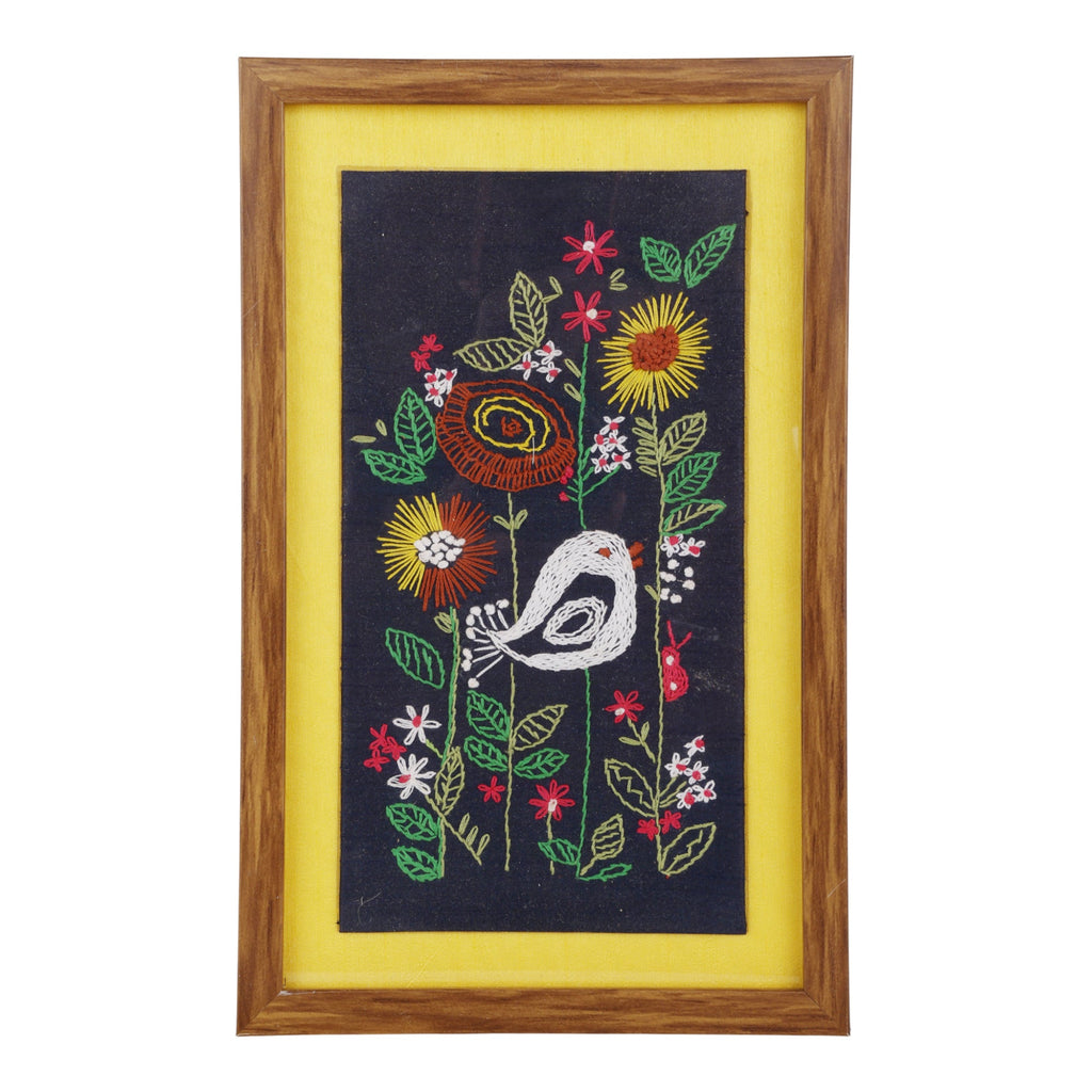 Indha Hand-Crafted Wall Décor Set of 2 – Floral & Bird Hand Embroidery | Wooden Border | PremiumVegan Leather Back Finish