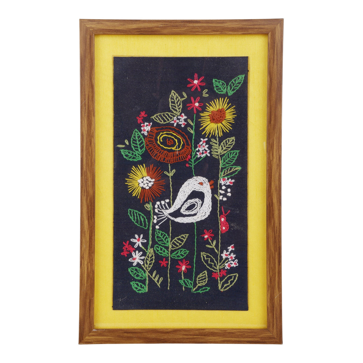 Indha Hand-Crafted Wall Décor Set of 2 – Floral & Bird Hand Embroidery | Wooden Border | PremiumVegan Leather Back Finish