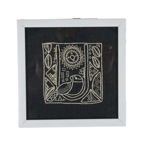INDHA Bird Design Chain Stitch Hand Embroidered On Black Dupion Silk Wooden Wall Décor | Set Of 2 Wall Décor | Hand Embroidered Wall Décor | Home Décor | Home Furnishing | Gifting | Corporate Gifting | Handcrafted Décor
