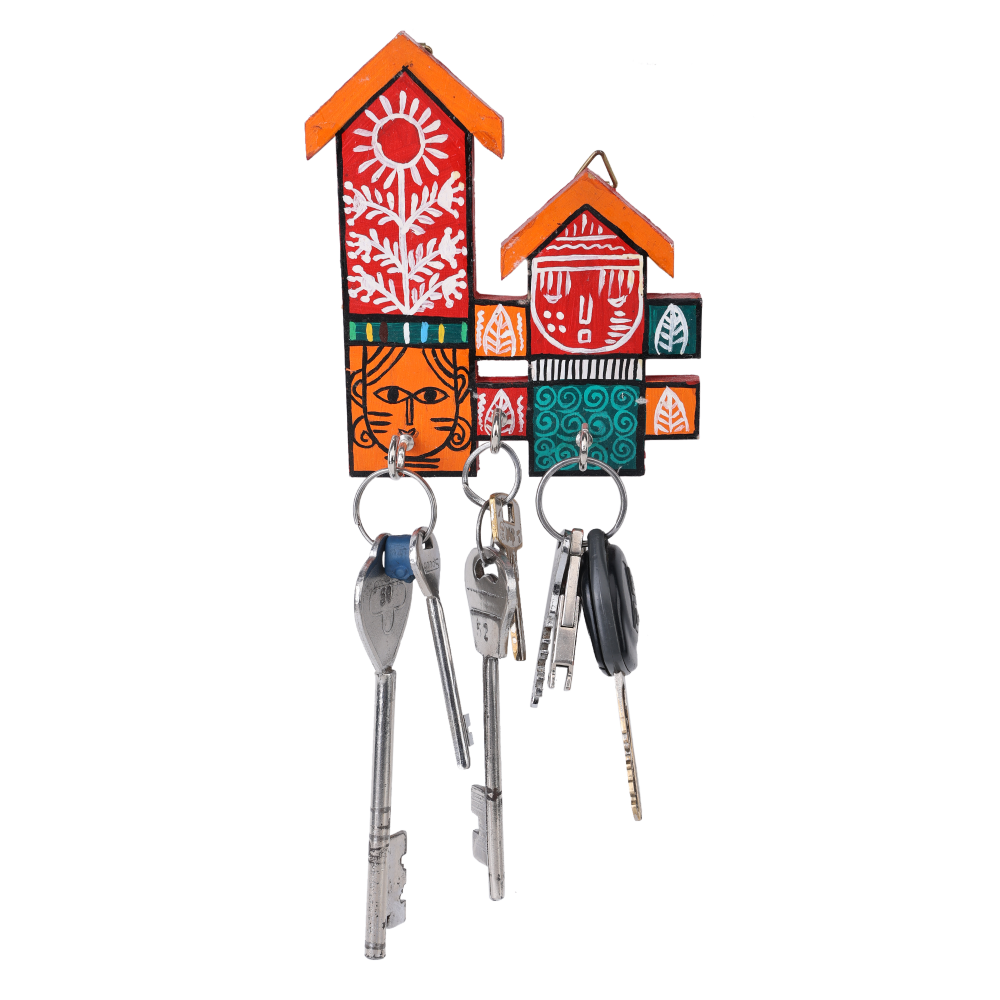 Indha Handcrafted House Design Key Holder | Wall Mounted Entryway Key Organizer | Multicolor Hand-Painted | Eco-Friendly Wooden Key Rack | 3 Hooks