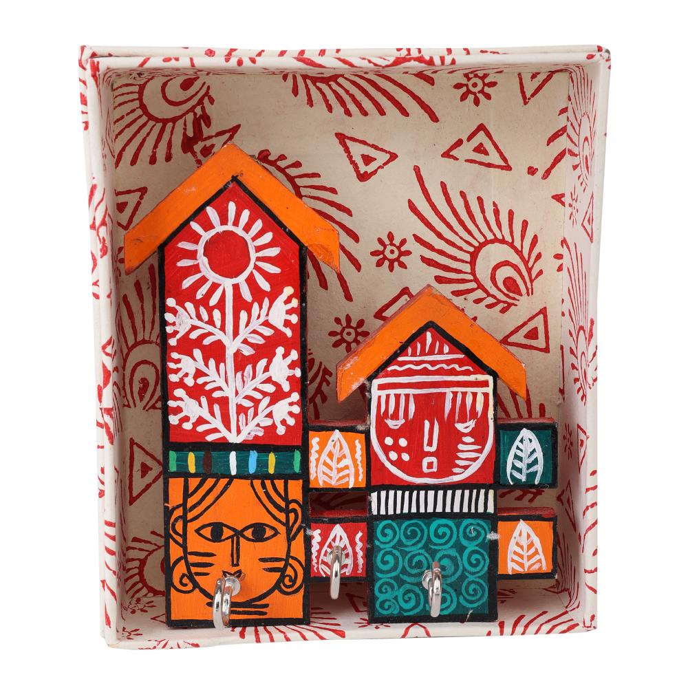 Indha Handcrafted House Design Key Holder | Wall Mounted Entryway Key Organizer | Multicolor Hand-Painted | Eco-Friendly Wooden Key Rack | 3 Hooks