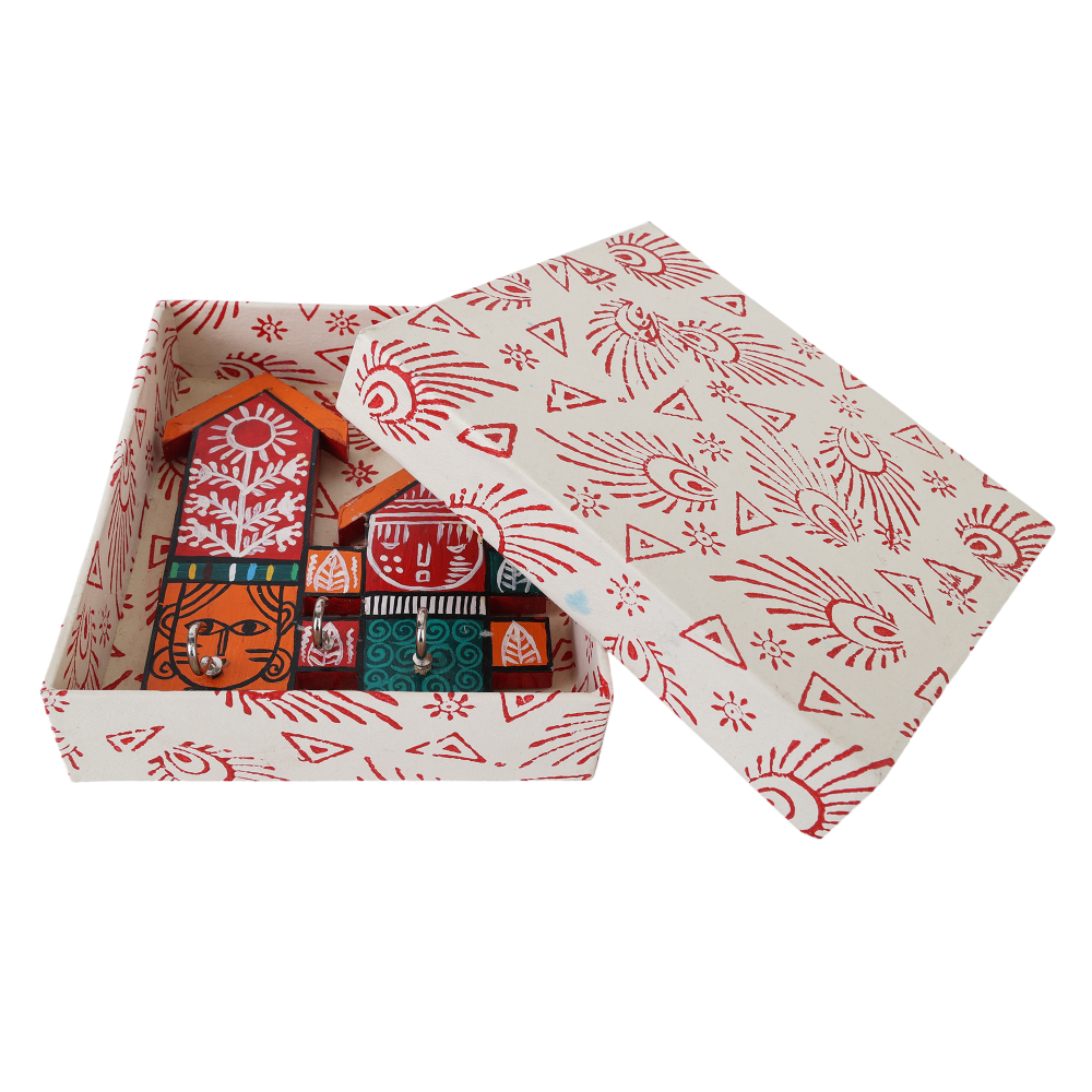 Indha Handcrafted House Design Key Holder | Wall Mounted Entryway Key Organizer | Multicolor Hand-Painted | Eco-Friendly Wooden Key Rack | 3 Hooks