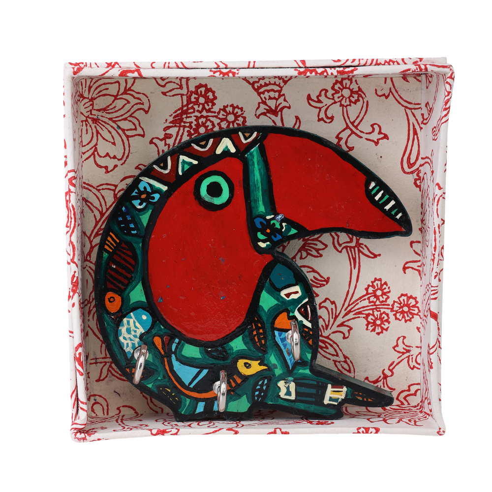 Indha Handcrafted Bird Design Key Holder | Wall Mounted Entryway Key Organizer | Multicolor Hand-Painted | Eco-Friendly Reprocessed Wood | 3 Hooks