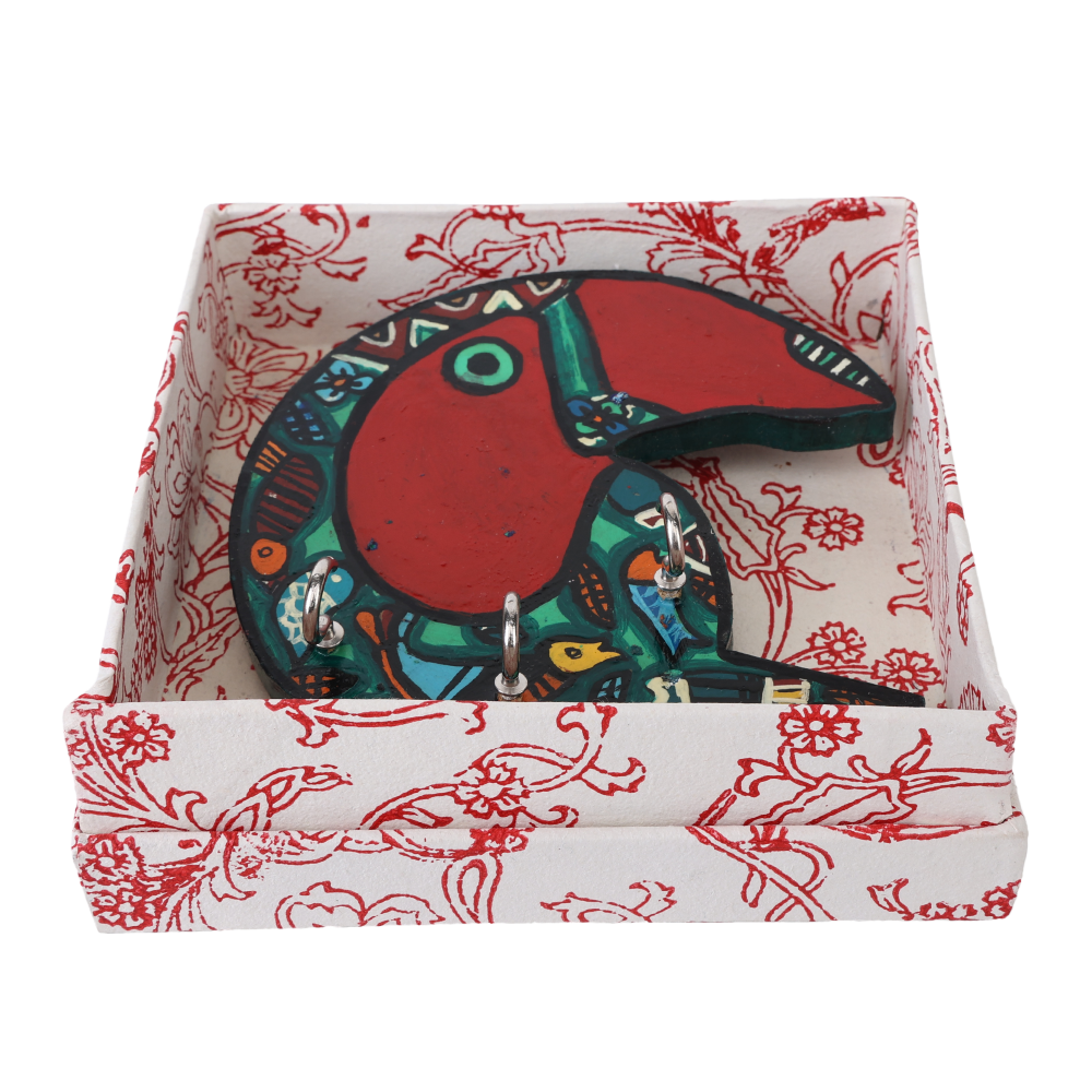 Indha Handcrafted Bird Design Key Holder | Wall Mounted Entryway Key Organizer | Multicolor Hand-Painted | Eco-Friendly Reprocessed Wood | 3 Hooks