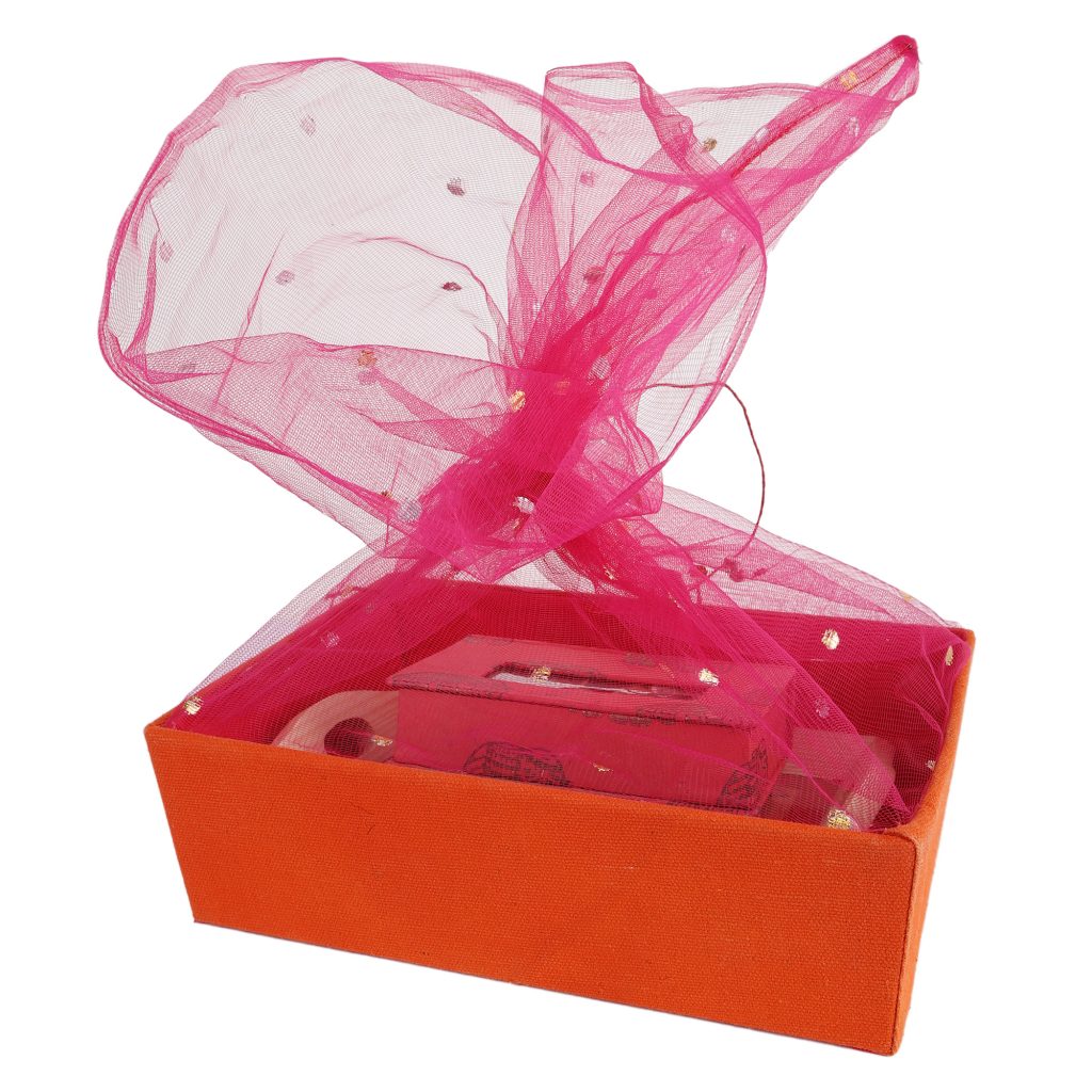 INDHA Gift Basket Handmade with Orange Cotton and Pink Tissue Net | Festive Empty Gift Basket | Wedding Gift Basket | Fruit Gift Basket | Gift Baskets | Corporate Gifting | Handmade Gift Basket | Event Hamper Basket (8.5 X 3.25 X 7.0 inch)